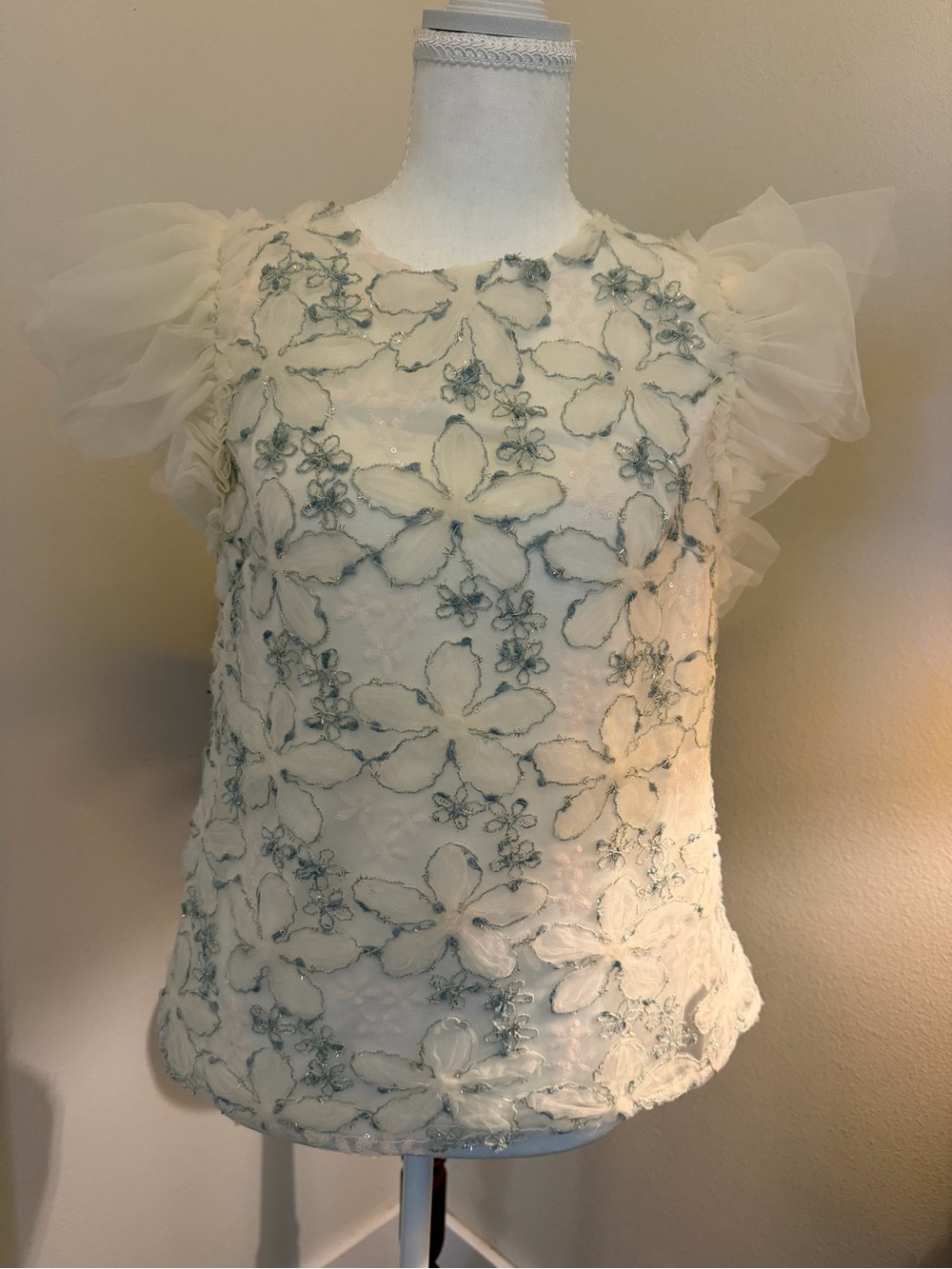 Everlynn Boutique White Sheer Puff-Sleeve Floral Appliqué Blouse Blue Embroidery